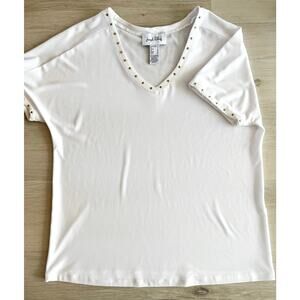 Joseph Ribkoff White Studded V-Neck Top Gold Trim Size 8